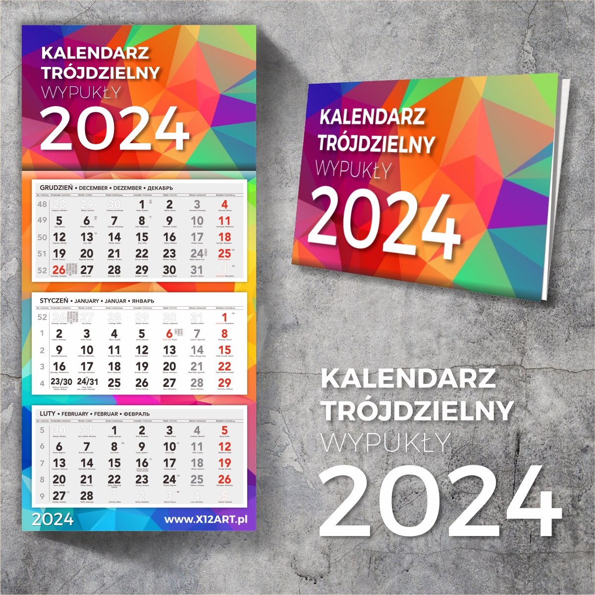 Kalendarze na 2024 rok trójdzielne, jednodzielne, biurkowe, firmowe od X12 ART